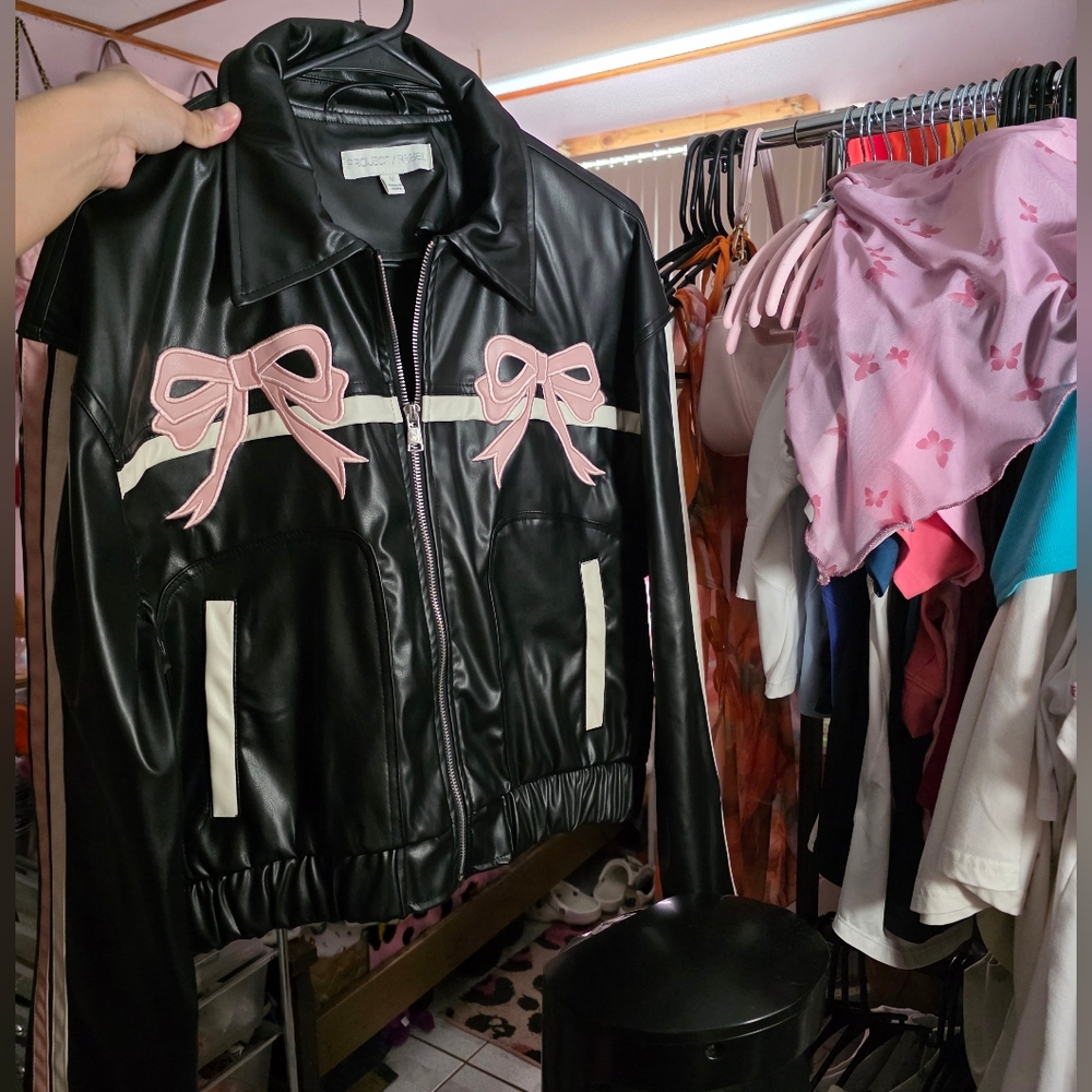Black Faux Leather Zip Front Jacket with Pink Bow Accents